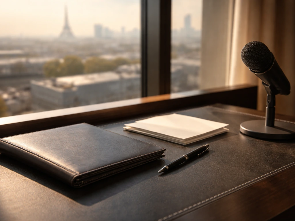 Minimal office scene symbolizing finance and industrial legacy: empty leather desk with documents and city skyline