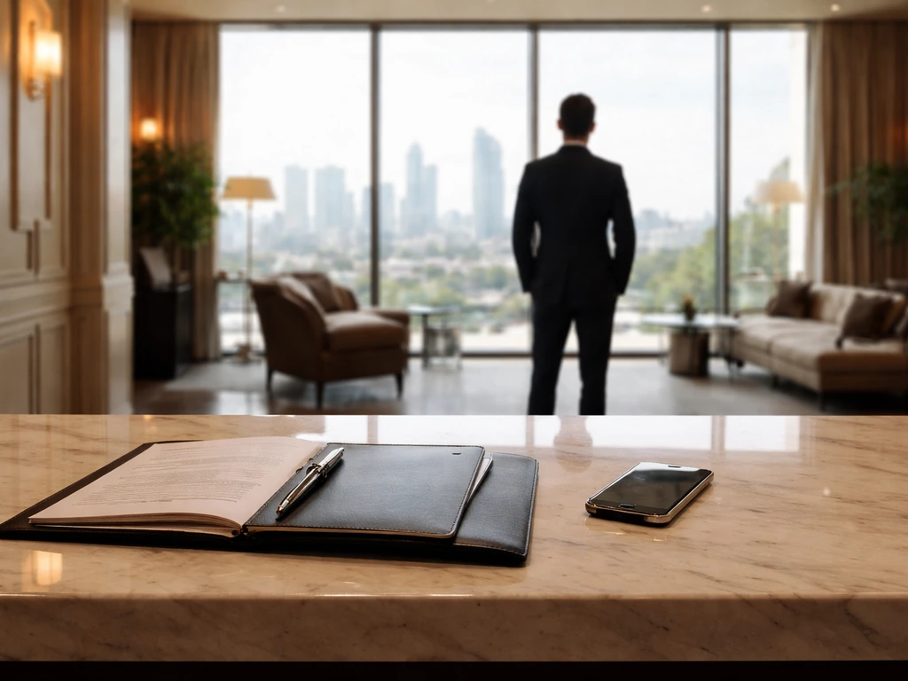 Anonymous suited figure in a luxury office lobby with leather portfolio and smartphone, suggesting wealth and business.