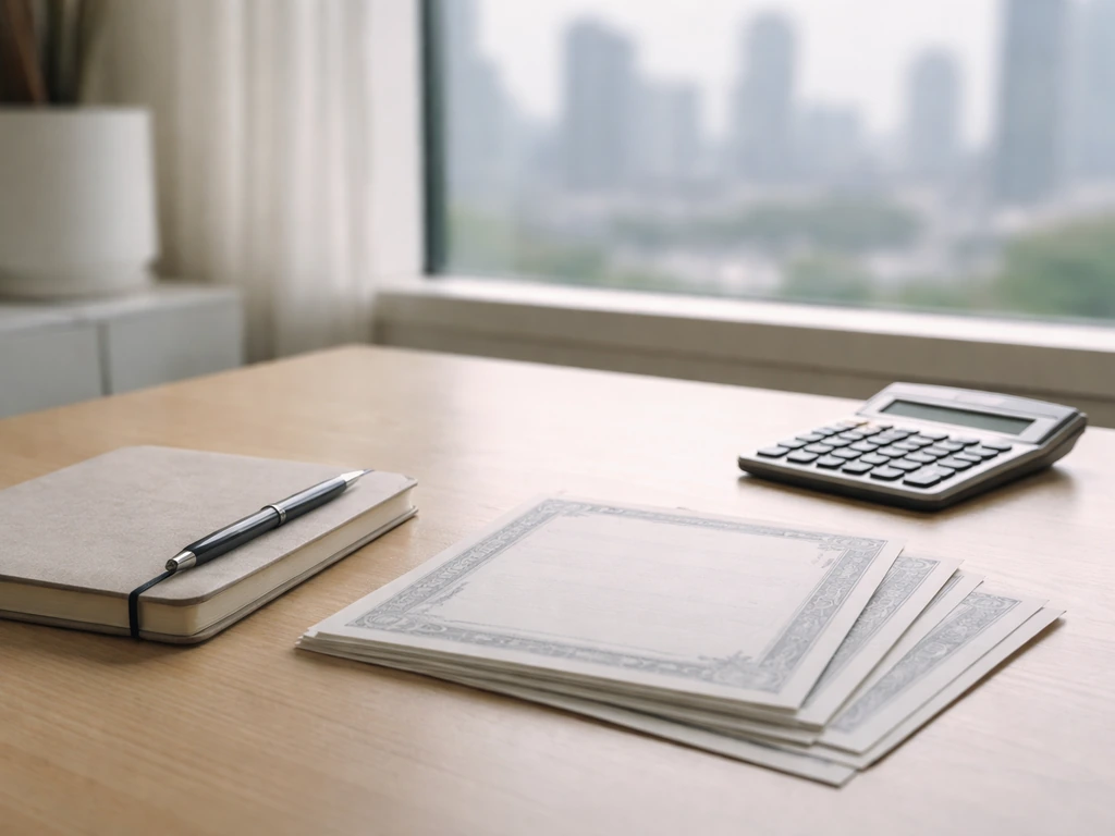 Minimal office scene with a notebook and pen beside stock certificates and a calculator, symbolizing net worth estimatio