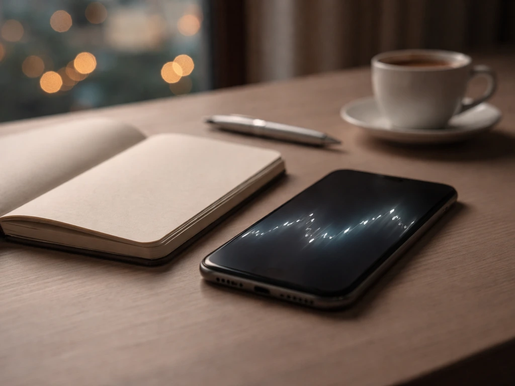 Minimal photo of a smartphone showing abstract stock line glow reflected on a desk, warm market mood.
