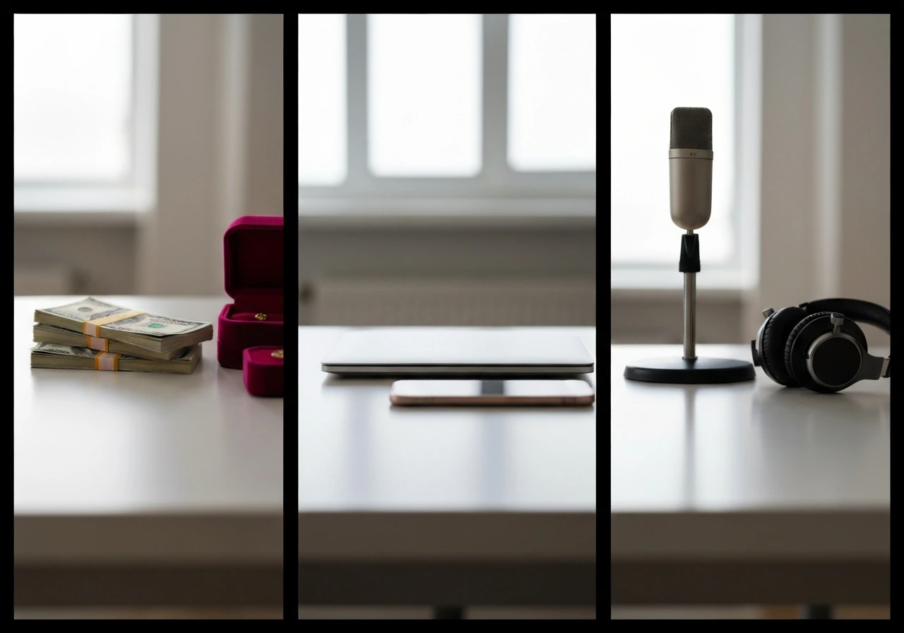 Minimal photo of a media and finance-themed workspace with a smartphone, cash, and a laptop—no identifiable people.