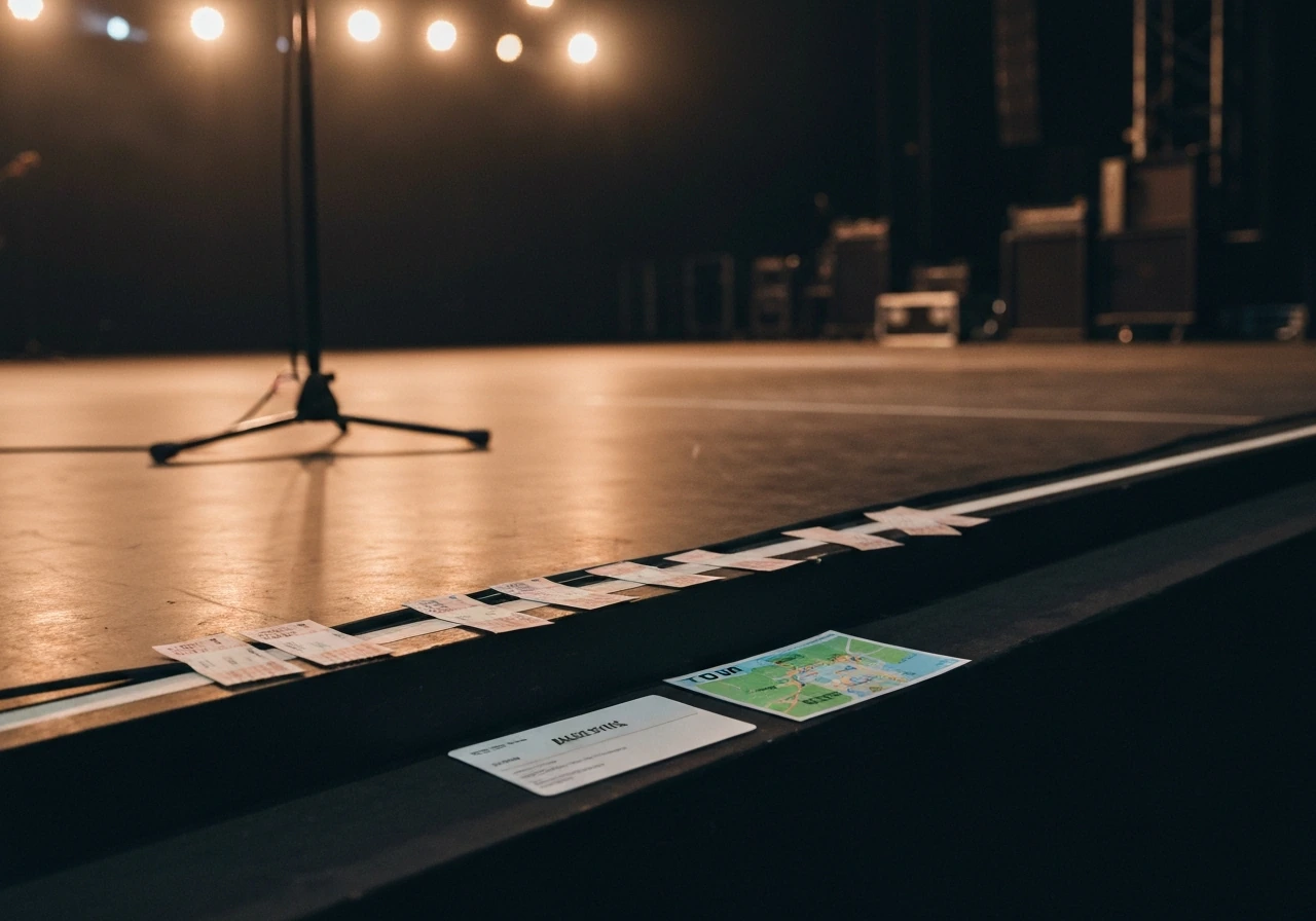 Empty concert stage with warm spotlights and a few ticket stubs on the edge of the stage