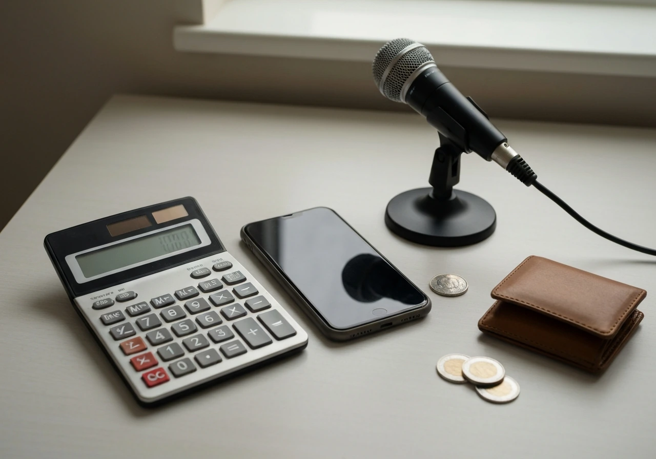 Minimal desk scene with smartphone, calculator, and audio mic—symbolizing verifying questionable net-worth figures