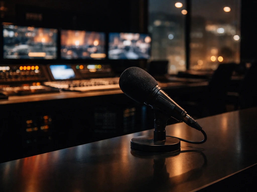 Close-up of a studio microphone in a quiet television control room with soft city light in the background.