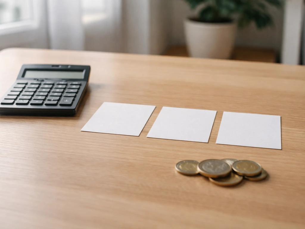 Minimal desk scene with a calculator, neatly stacked cards, and a French money-themed atmosphere for wealth estimation.