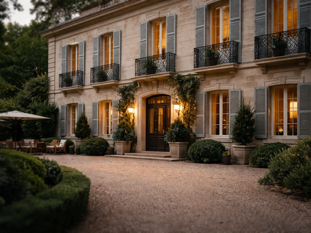 Golden-hour exterior of an elegant French hospitality property with maintained grounds and quiet driveway.