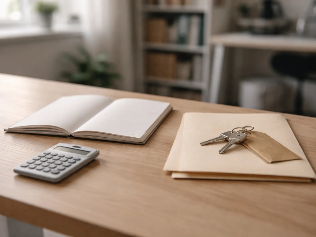 Minimal photo of a media studio desk with a notebook, cash envelope, and calculator for net-worth estimation concept.