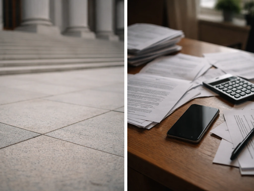 Split scene with courthouse steps and a cluttered phone desk symbolizing verified signals vs online estimates.
