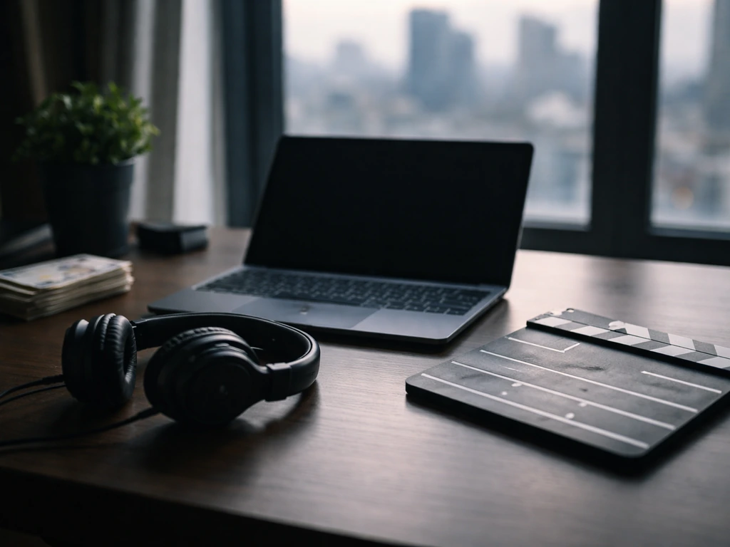 Minimal film editing desk with clapperboard, headphones, and a small stack of euros by a window skyline.