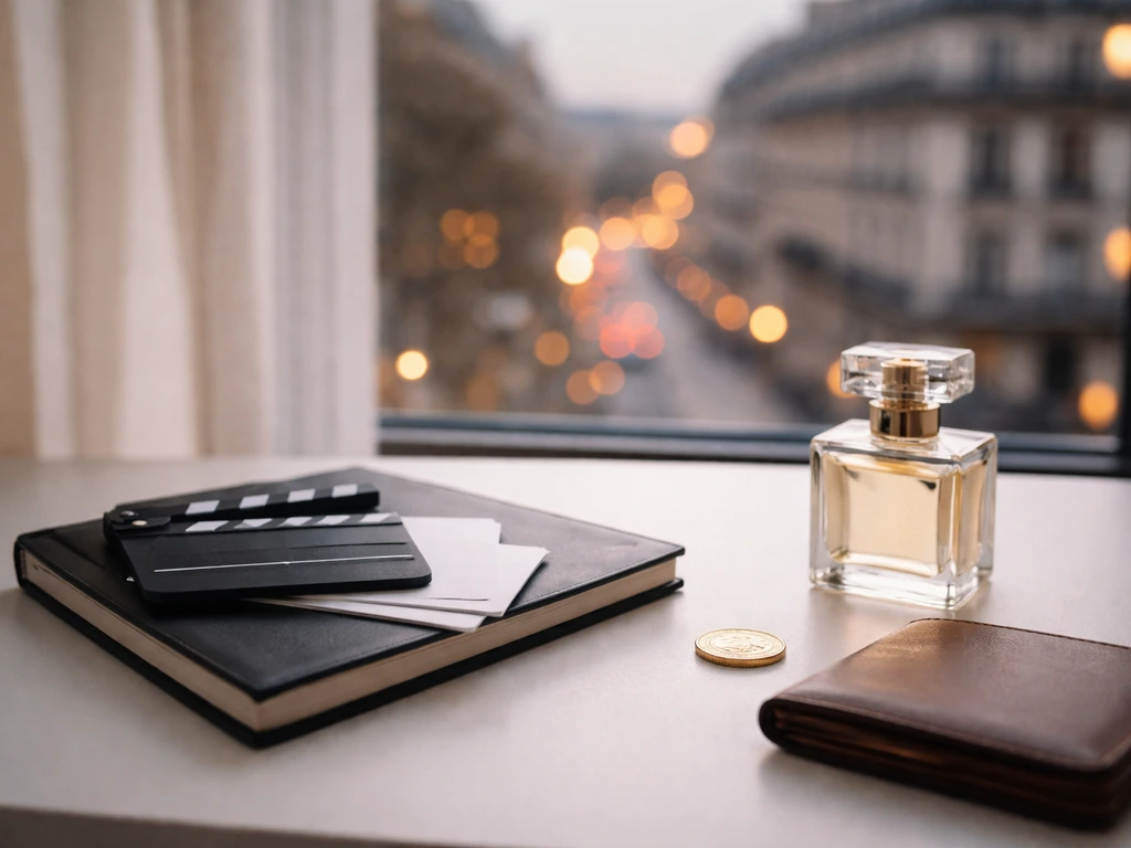 Minimal desk scene pairing film-award media cues with an elegant luxury bottle and money symbols.