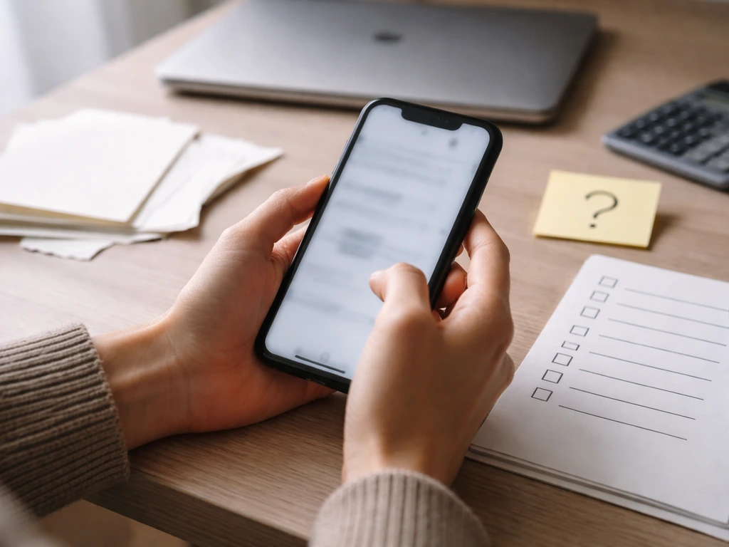 Hands auditing a blurred net-worth claim on a smartphone over a minimal desk with torn paper and blank checklist items.