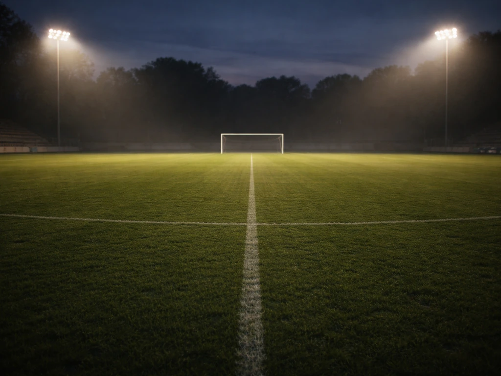 Empty football stadium pitch at dusk with a subtle spotlight glow, symbolizing a sports career and media presence.