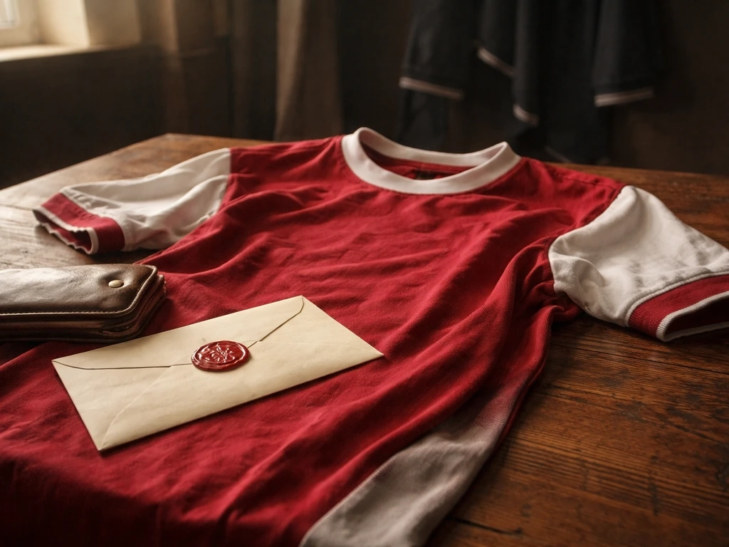 Worn red-and-white football jersey with a sealed envelope on a wooden table, evoking a contract context