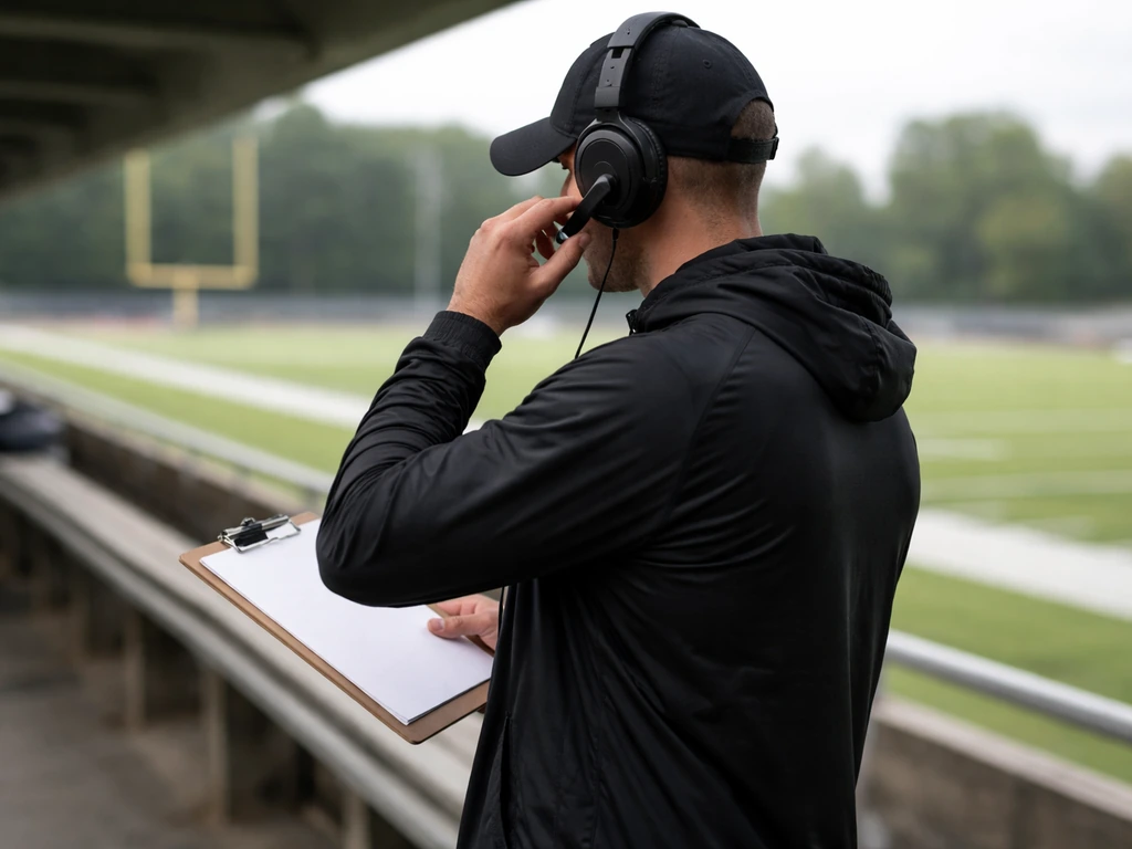 Soccer training staff in a simple stadium bench area near a clipboard and microphone