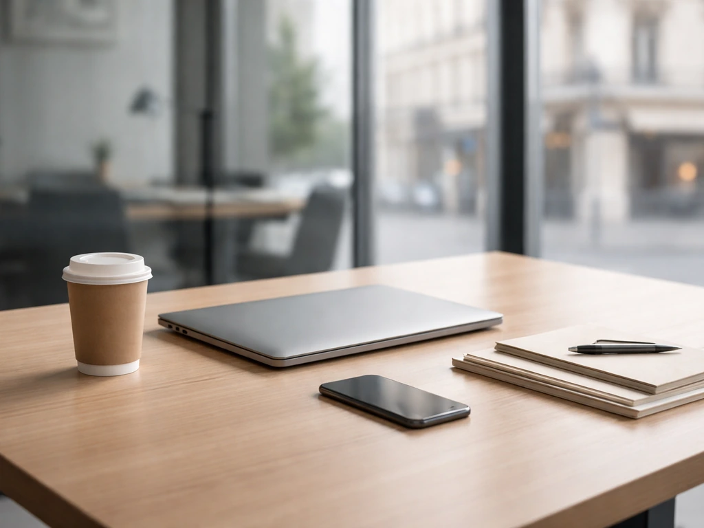 Modern French-style office desk with a laptop and coffee, symbolizing an IT entrepreneur’s background.