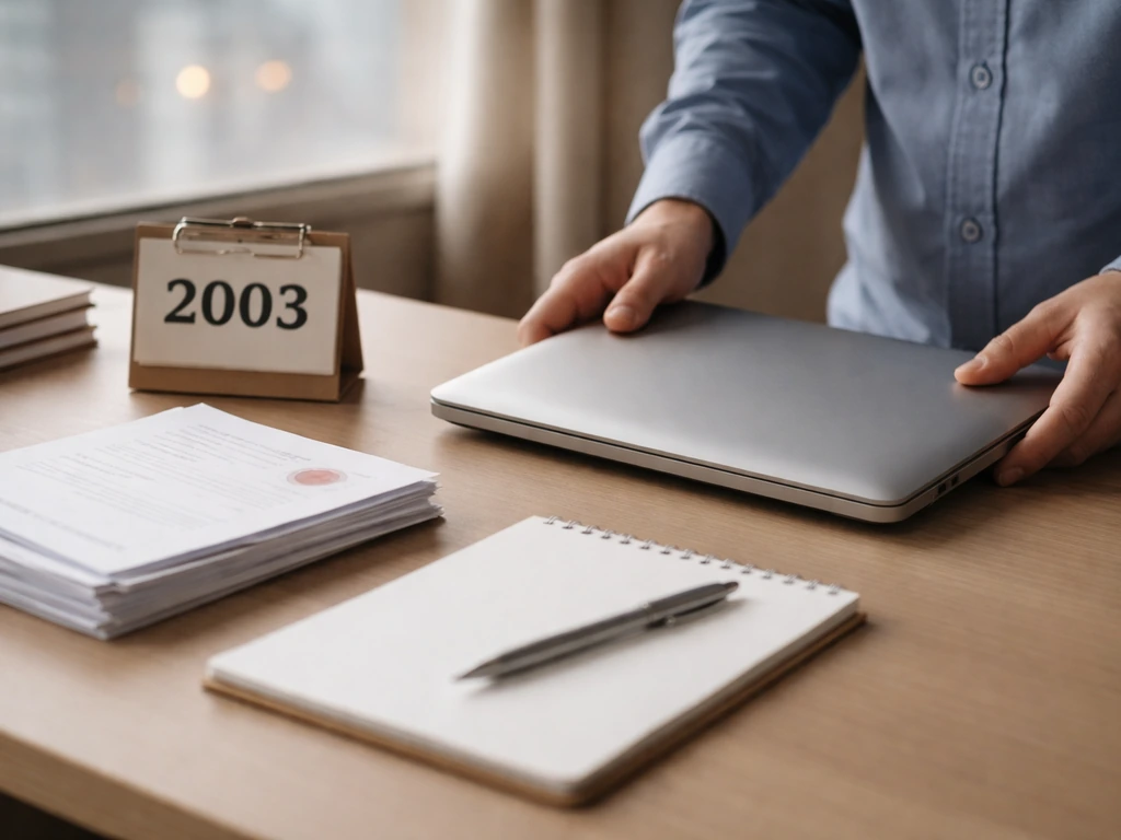 Hands on a desk beside a laptop and sealed financial papers with a calendar page marked 2003.