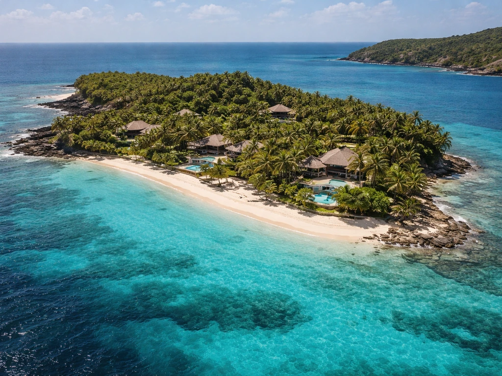 Aerial view of a private Caribbean island with turquoise water and a luxury resort shoreline.