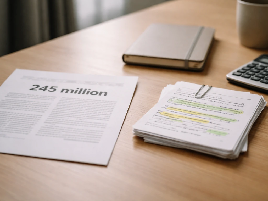 Skeptical comparison scene with a printed headline about $245 million beside notes and a calculator in an office desk