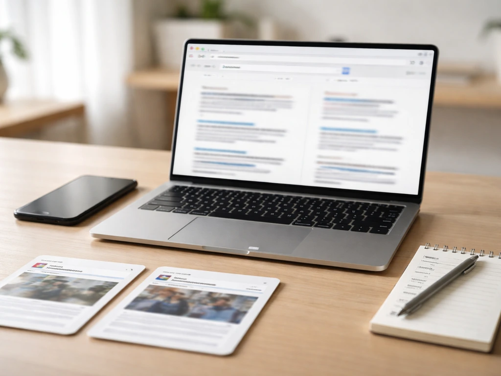 Minimal desk setup with laptop, phone, bookmarked news pages, and a pen over a blank checklist.