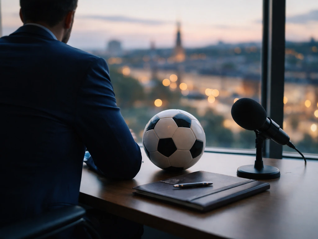 Anonymous executive at an office desk with a football and microphone, city view at dusk.