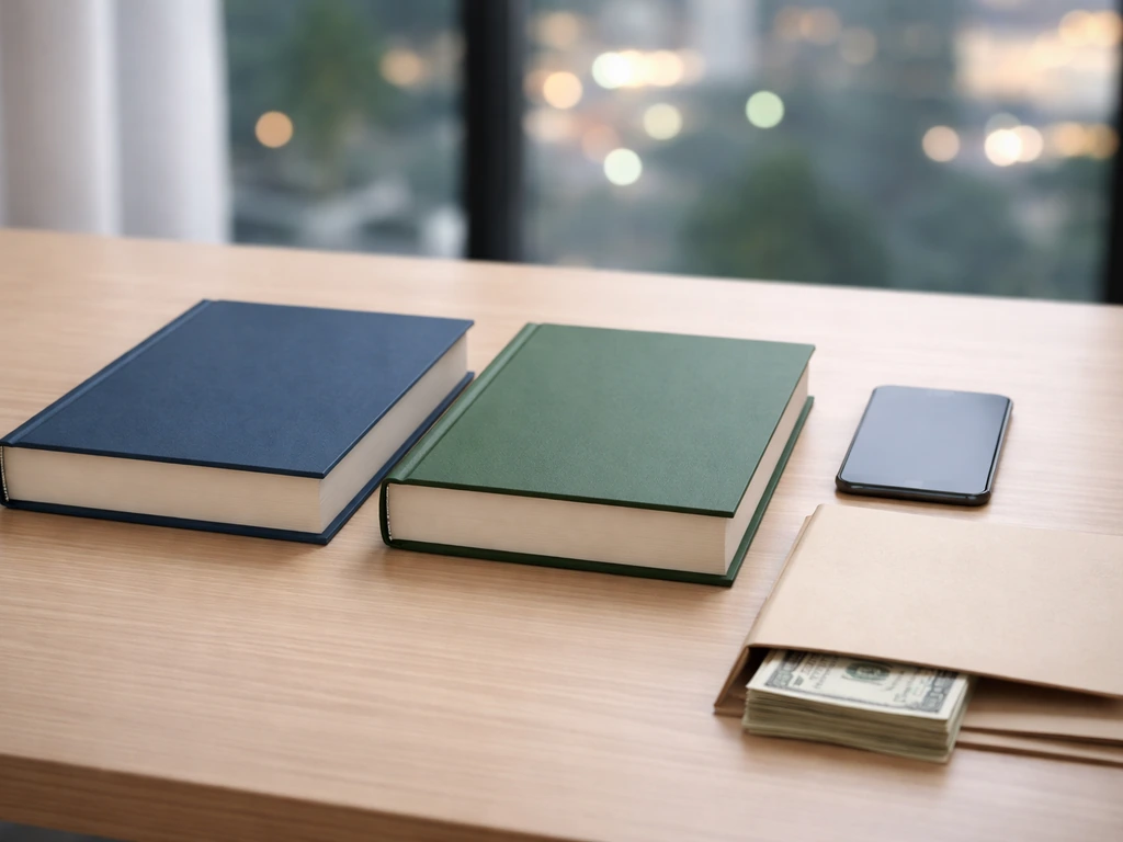 Minimal desk scene with two report books and a smartphone, symbolizing comparison of wealth estimates.