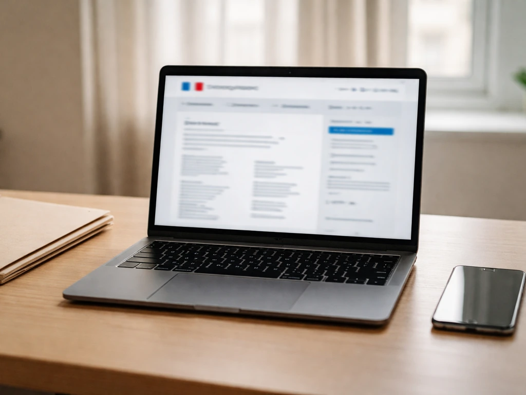 Minimal desk scene with a laptop showing a blurred company registry layout and business documents.