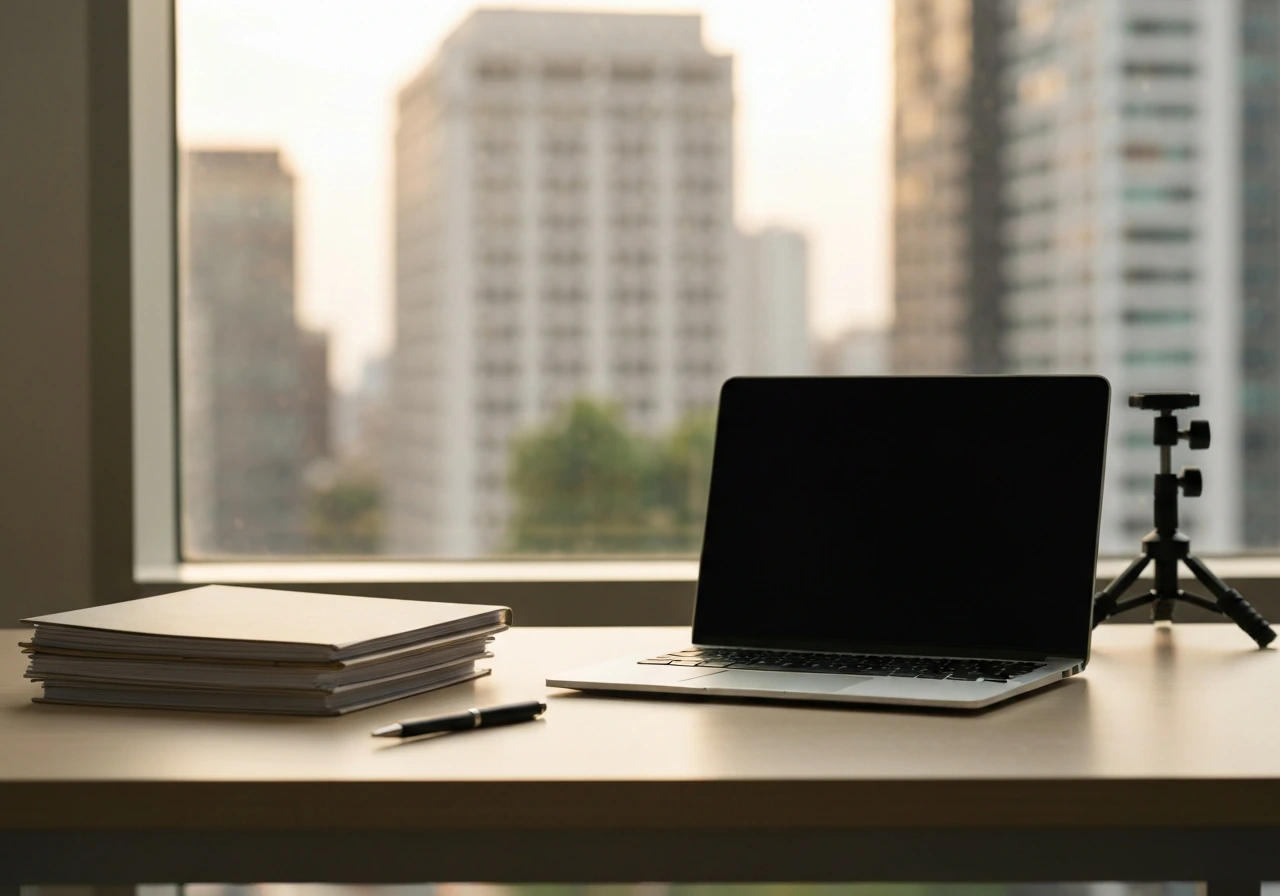 Anonymous finance professional in a minimalist office with a laptop, folders, and a city view through the window