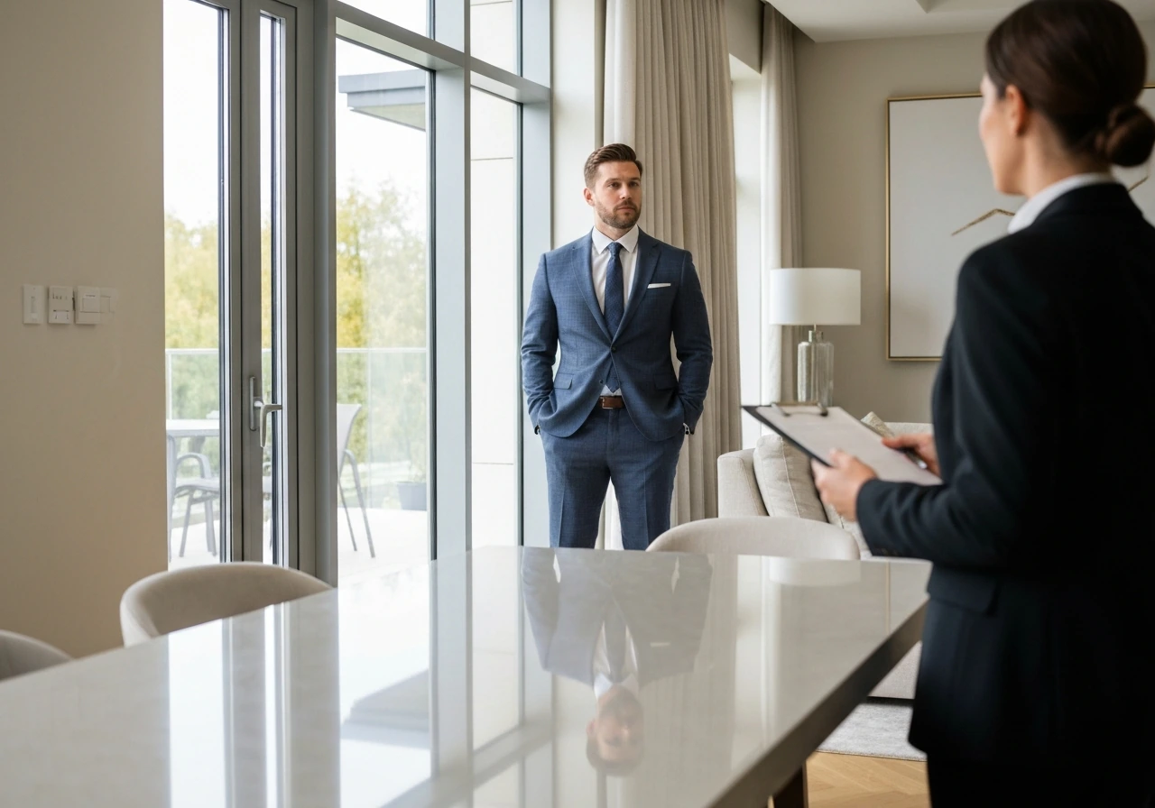 Anonymous real estate agent talking with a suited man in a modern luxury home setting