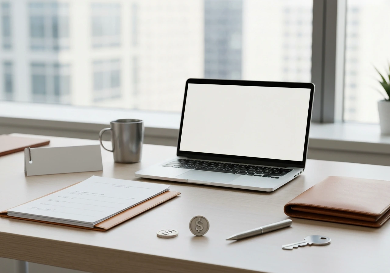 Minimal startup desk setup with salary/equity tokens, blank papers, and laptop in natural light.