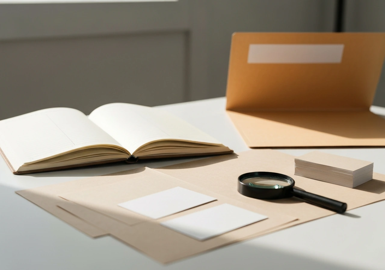 Desk scene with open notebook and papers, magnifying glass, suggesting review of potential assets.