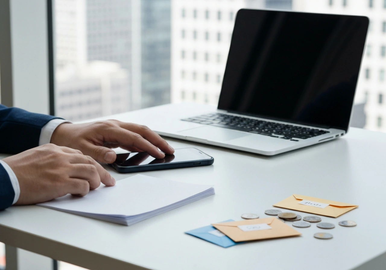 Hands on a desk with smartphone, documents, coins, and a blurred city view, suggesting financial range analysis.