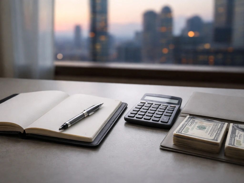 Minimal desk scene with pen, calculator, and scattered cash symbolizing a net worth estimate range.