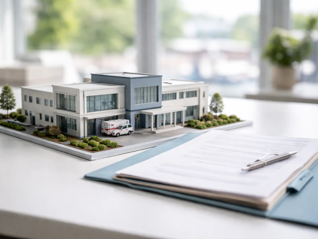 Closeup of a healthcare building scale model next to property documents in natural light.