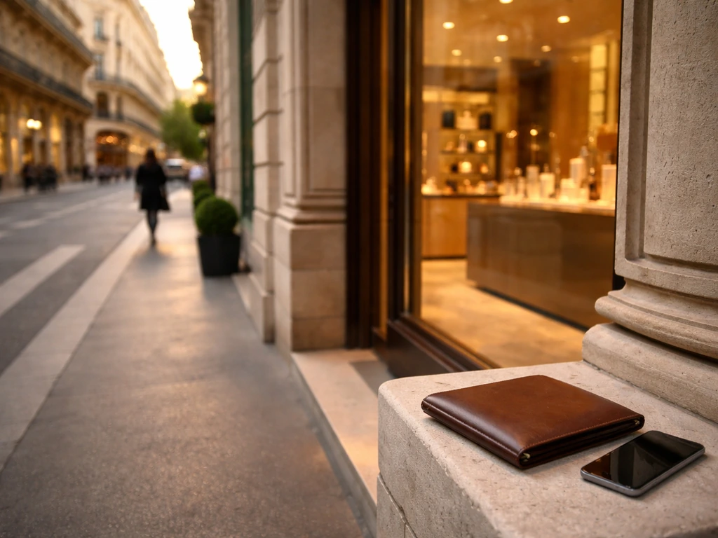 Upscale Paris luxury storefront exterior with a leather portfolio and smartphone on a ledge.