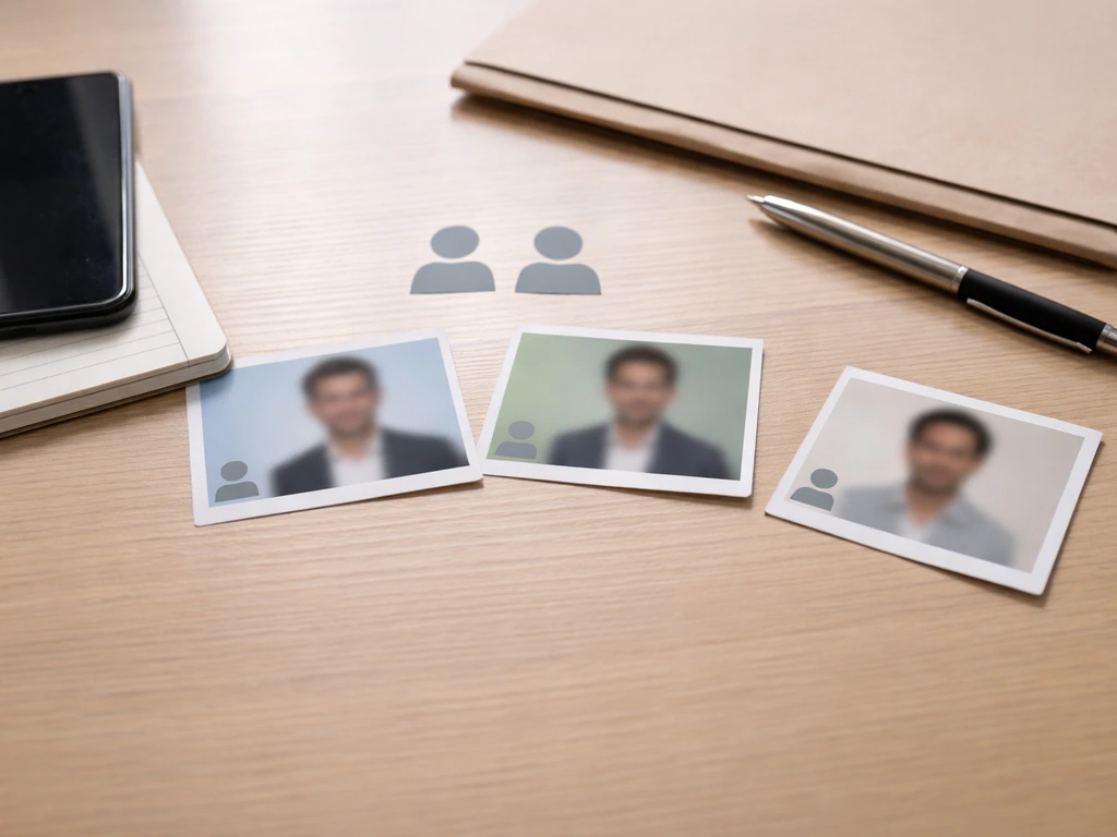 Three blurred identity cards on a desk near a phone, symbolizing confusion over same-name individuals.
