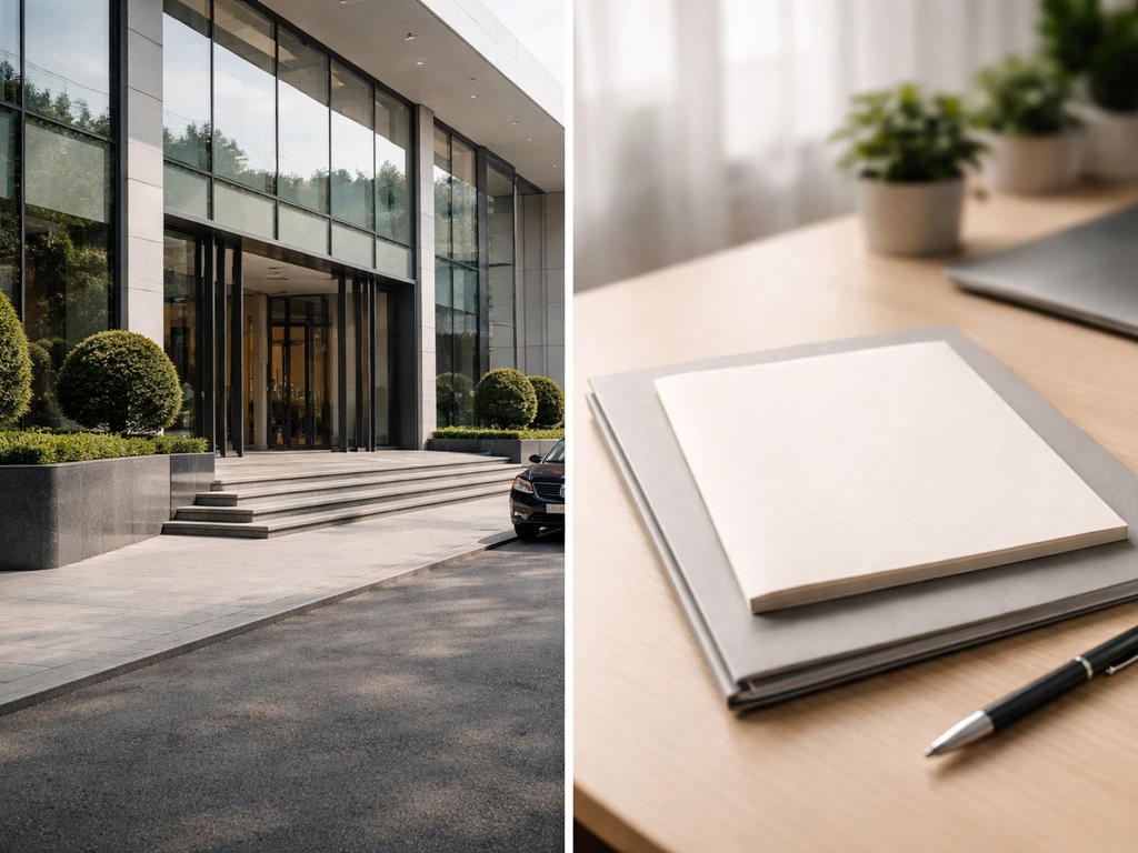 Split view of a luxury corporate building and a desk with unlabeled annual reports and filings.
