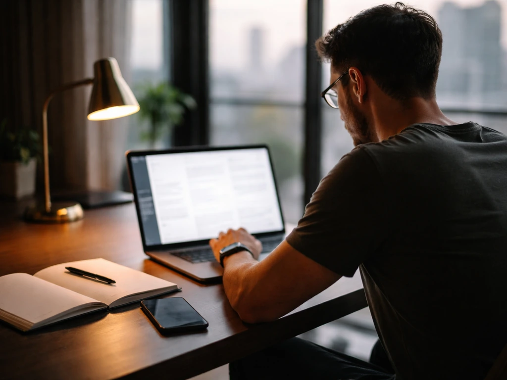 Anonymous investor at a laptop in a modern office, analyzing finances near a notebook and pen.
