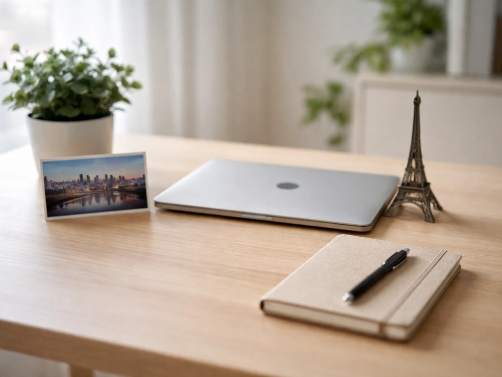 Minimal desk scene with Quebec and France cues hinting a tech entrepreneur identity