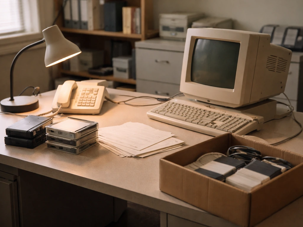 Vintage computer terminal and office desk with old software media in a late-1980s reselling setting.