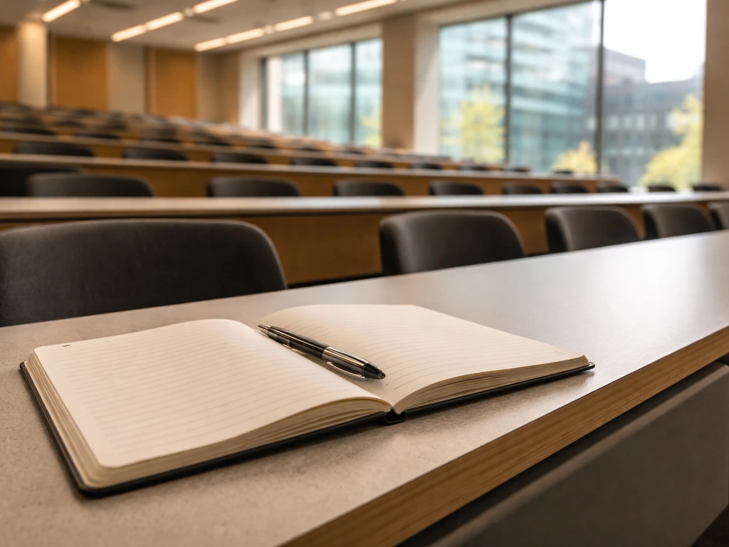 HEC Montréal campus lecture hall with an empty desk and notebook, suggesting entrepreneurship and innovation