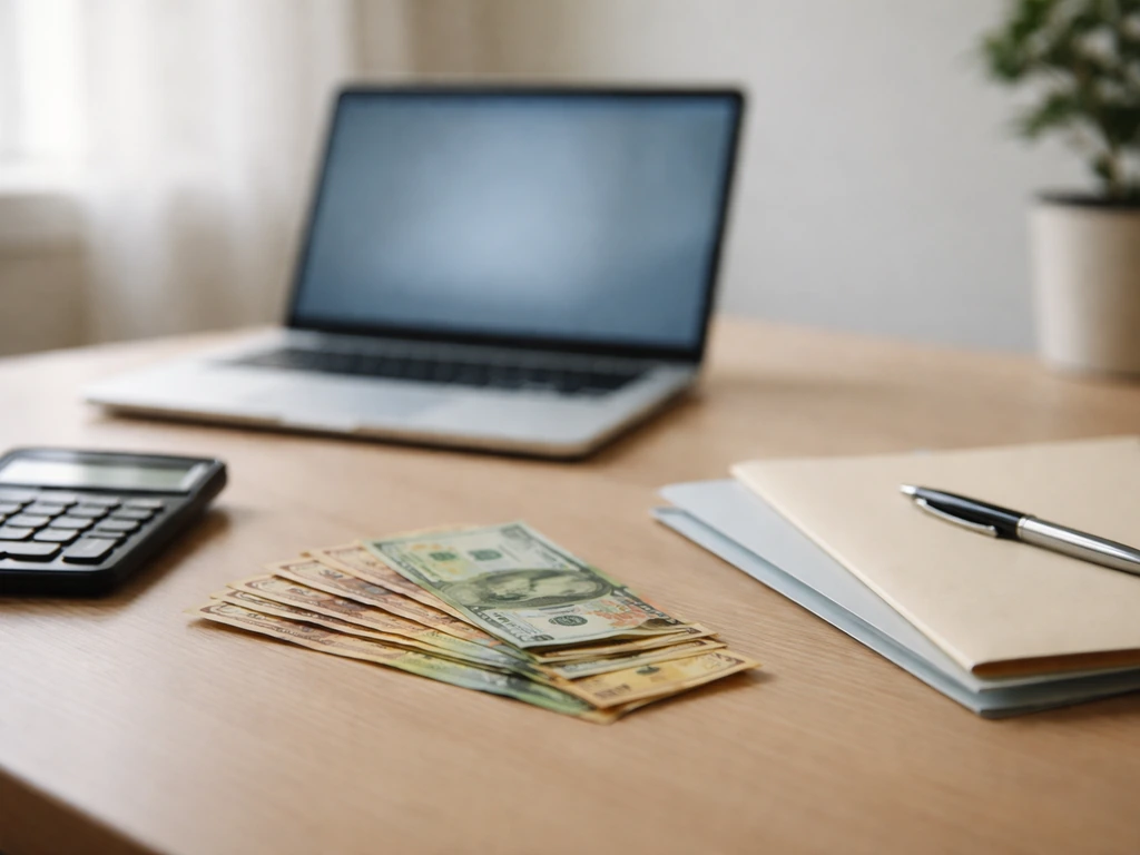 Minimal desk scene with scattered cash and a computer screen glow, symbolizing a net worth range breakdown