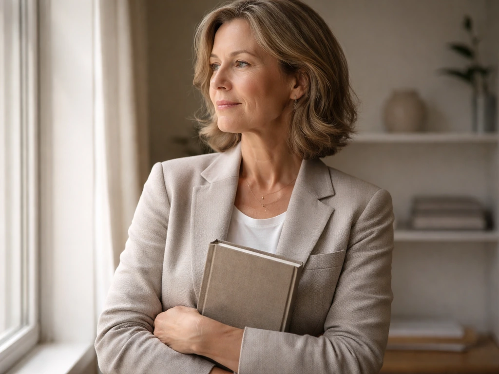 Documentary-style photo of a woman philanthropist-author in a quiet office, soft natural light, calm expression.