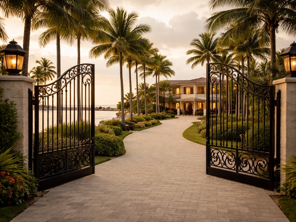 Gated waterfront home in Manalapan, Florida with palm trees and a calm ocean view