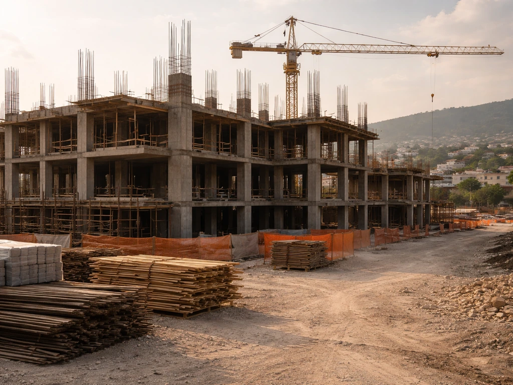 High-end construction site in Haiti with concrete structures and a distant crane under warm sunlight