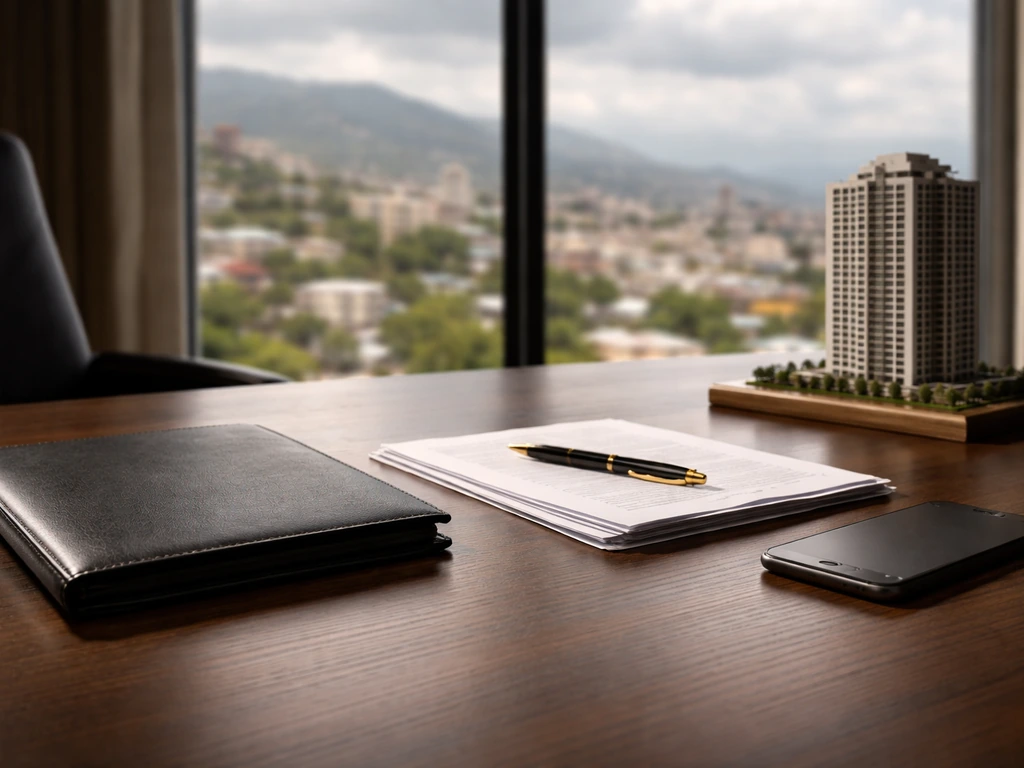 Anonymous business desk with a building model and documents, suggesting construction leadership and finance.