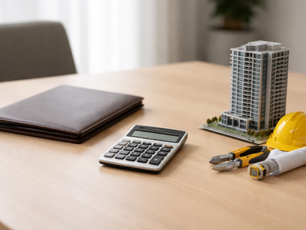Minimal office desk with calculator, leather portfolio, and small building model symbolizing wealth sources.