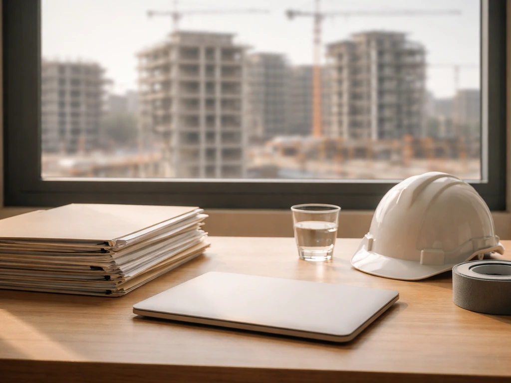 Minimal construction site desk with folders and hard hat, blurred buildings outside, suggesting career growth over time.