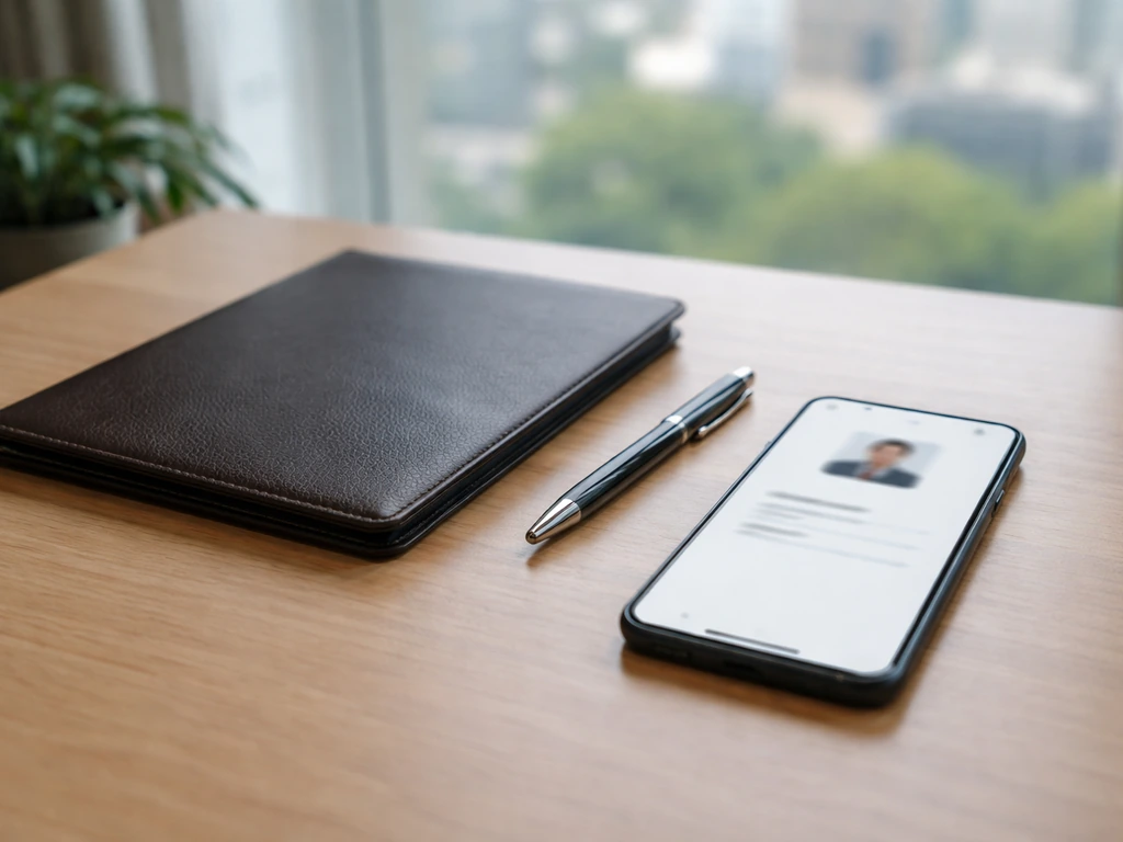 Minimal desk scene with a folder of investment documents and a smartphone showing matching contact details