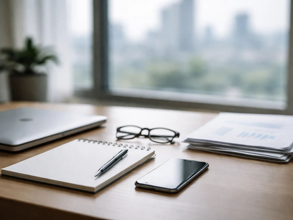 Minimal desk scene with laptop and scattered documents suggesting financial research and contrasting estimates.