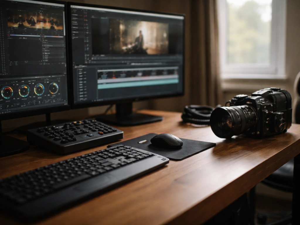 Minimal film-industry desk scene with an editing keyboard and vintage film camera, suggesting decades of directing incom